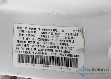 2017 Honda Accord Sport z USA, uszkodzony, nr VIN 1HGCR2F56HA099481